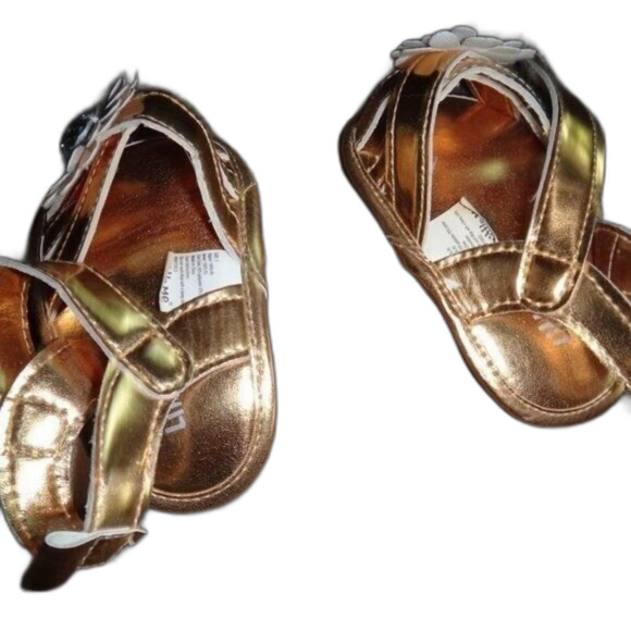 Little Me Baby Girl Sandals Sz 3 Infant Gold Straps Flower Rhinestone Velcro NEW - Picture 10 of 10